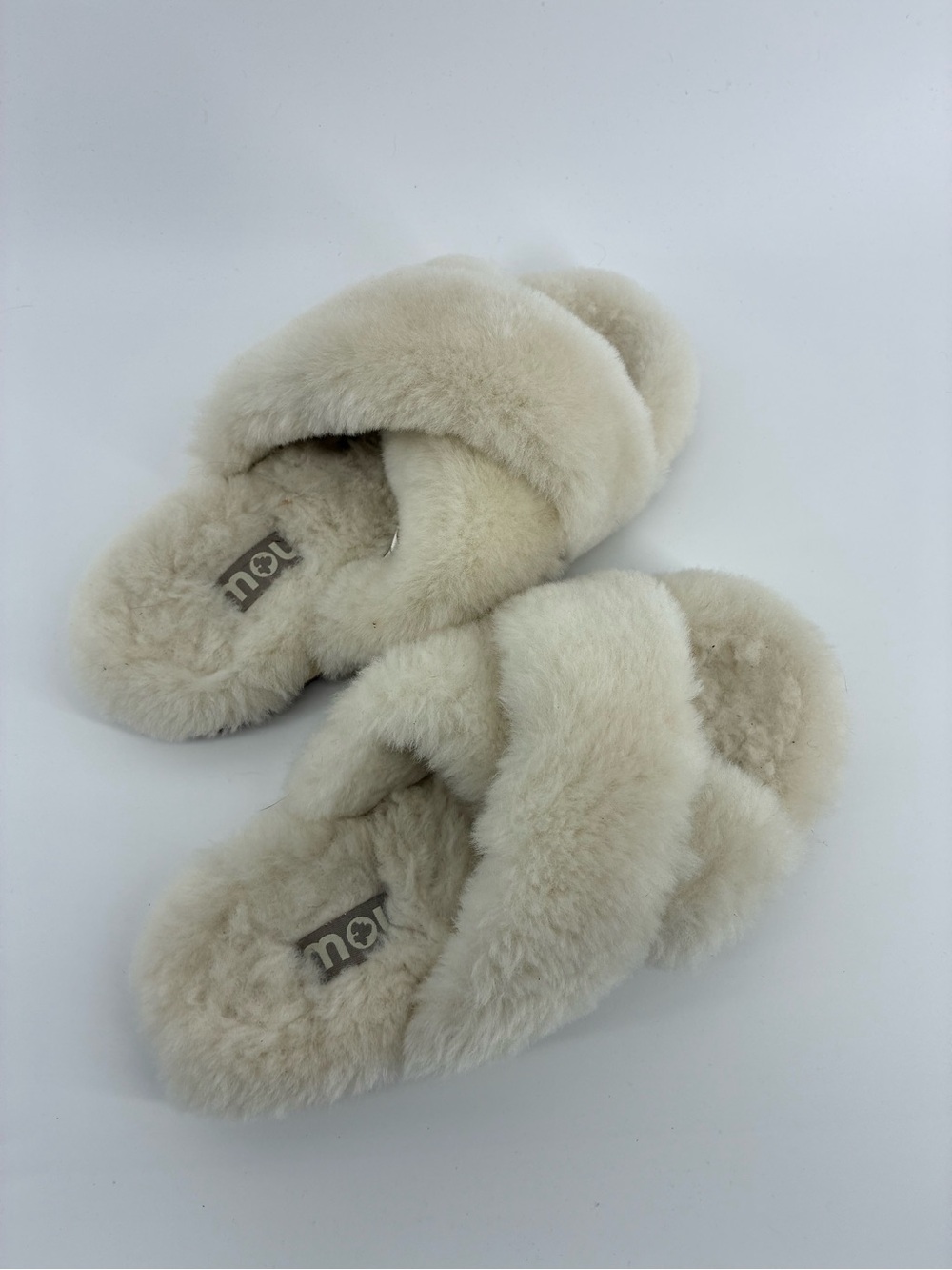 Moumou Criss Cross Faux Fur Women's Fluffy White Slippers Slides